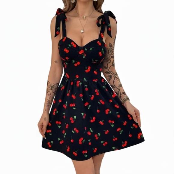 The Unbranded Brand Dresses & Skirts - Cherry Print Dress Tie Strap Fit & Flare Mini Sundress‎ Summer Sweetheart